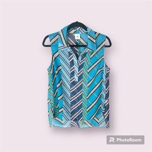 #3780 - CAbi Ascot Top - Women’s Blue/Green Collared Striped Sleeveless Blouse